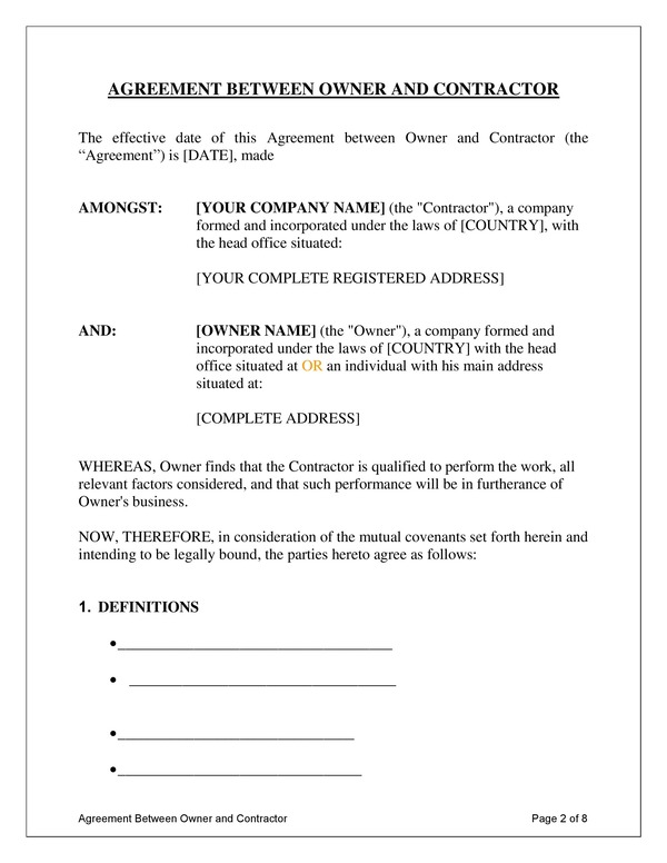 Agreement Between Owner and Contractor Download for Microsoft Words and Google Docs