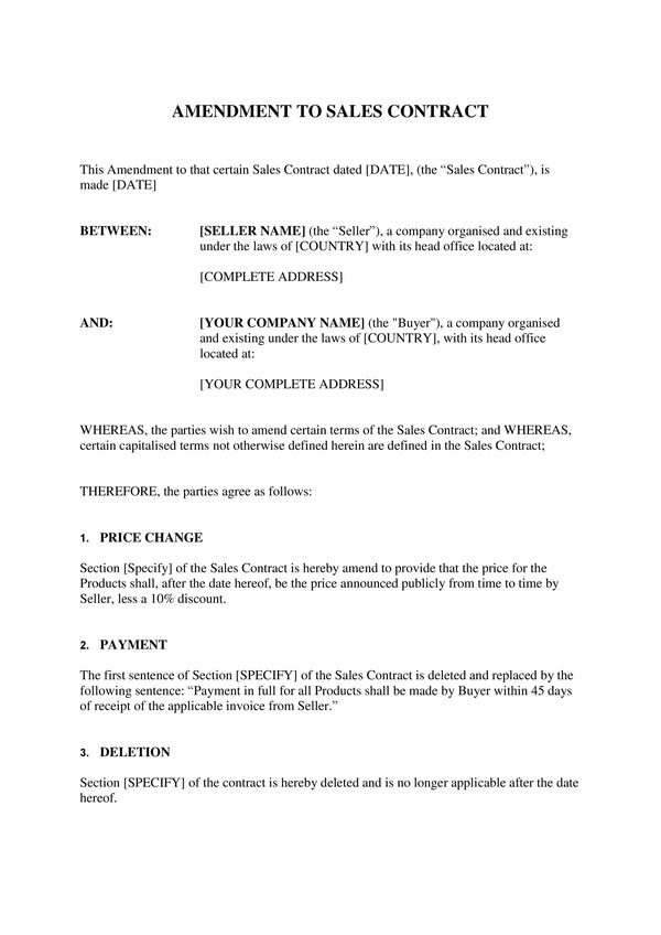 Amendment to Sales Contract download for Microsoft Word and Google Docs
