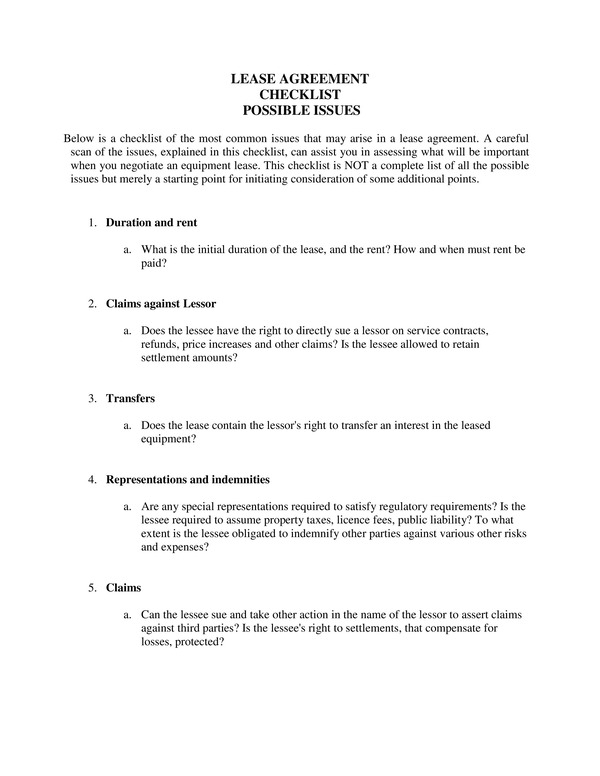Equipment Lease Checklist Download Now for Microsoft Word and Google Docs