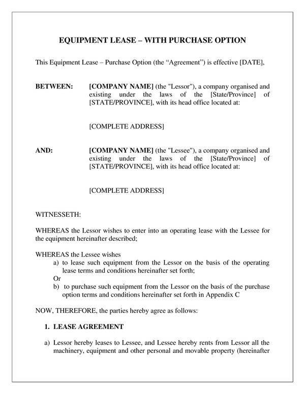 Equipment Lease With Purchase Option Agreement Smart Sales Kit