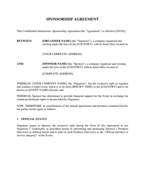 Sponsorship Agreement Download for Microsoft Word and Google Docs